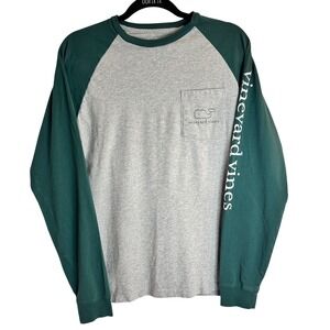 Vineyard Vines Long Sleeve Raglan T-Shirt Whale Logo Pocket Gray Green S